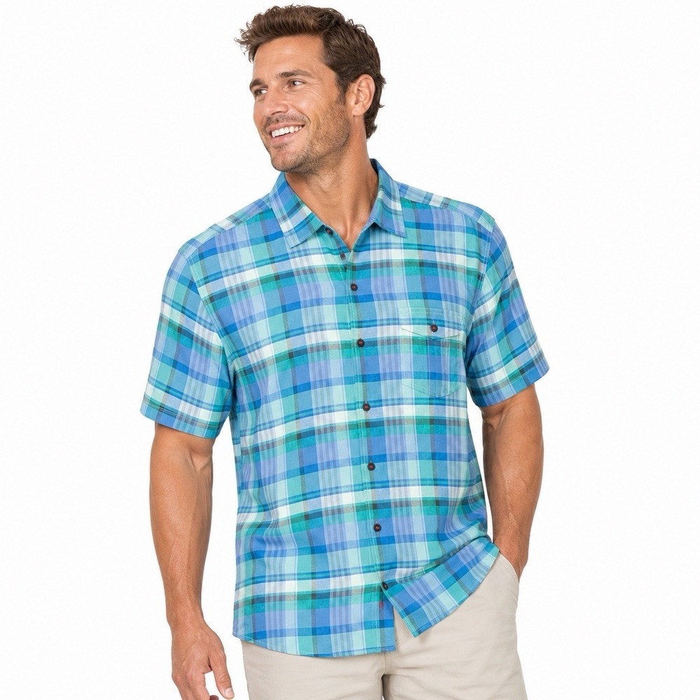 Tommy Bahama Jeans Mens XL Island Modern Fit Plaid Shirt Blue Green Tencel Blend